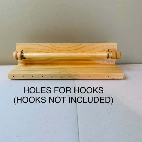 Wooden Hanging Jewelry Organizer Wall Mounted Shelf With Holes for Hooks & Bar - Picture 3 of 9